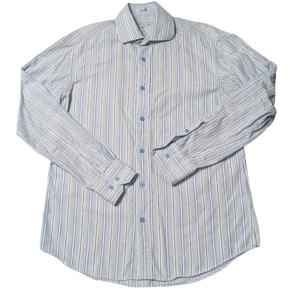 Bugatchi Men's Dress Shirt Blue White Pinstripe Casual Button Down 100% Cotton M