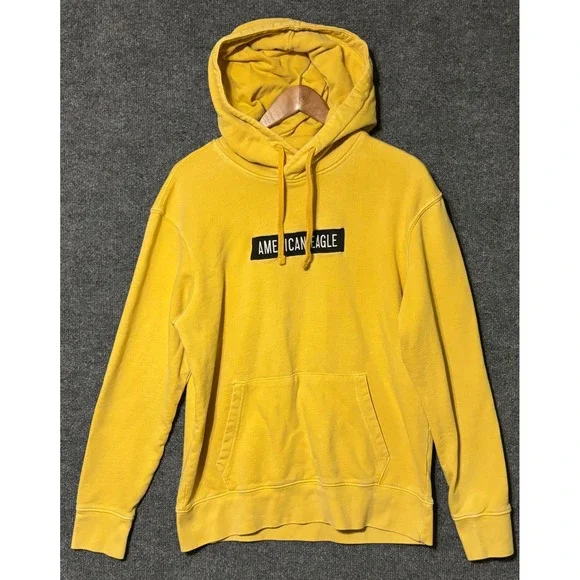 American Eagle Mens Yellow Box Logo Graphic Pullover Hoodie Sweatshirt Medium‎