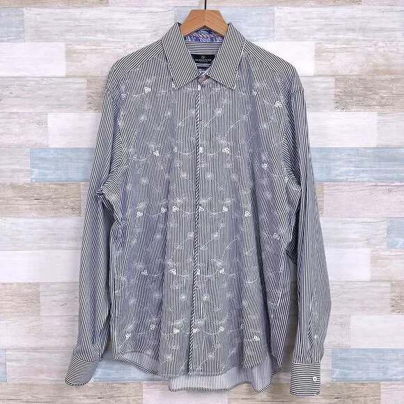 Bugatchi Uomo Floral Embroidered Shirt Blue White Striped Casual Cotton Mens XL