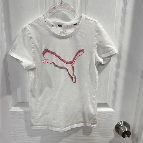 White Puma Tee with Pink Logo and Crew Neck