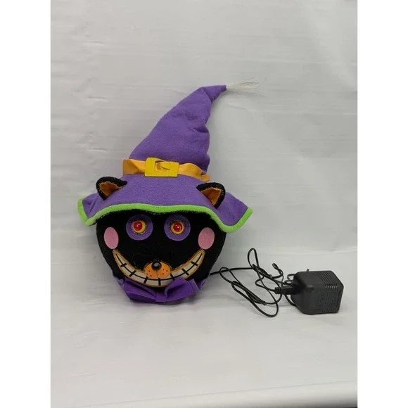 Vtg Gemmy '04 Fiber Optic Haunted Head Black Cat Light Color Change Halloween