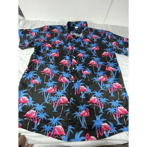 Men’s Flamingo & Palm Tree Hawaiian Shirt | XXL Black/Neon Pink/Blue Party Top