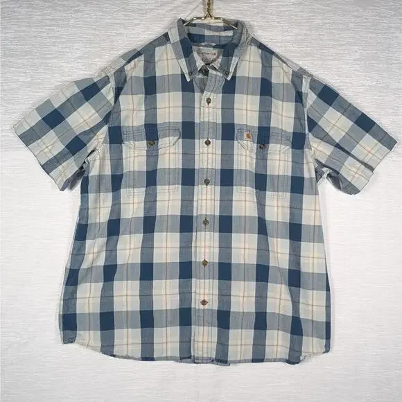 Carhartt Button Down Shirt Mens 2xl Blue Plaid Short Sleeve Shirt