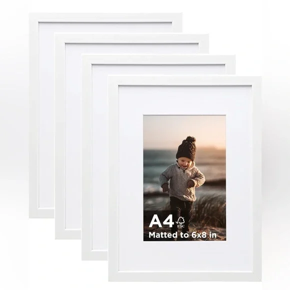 KINLINK‎ A4 Picture Frame White Set of 4, Wooden Photo Frames Matted A5