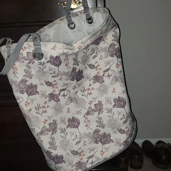 Hamper Laundry Bag Cloth with Handles, Purple Floral print, collapses .