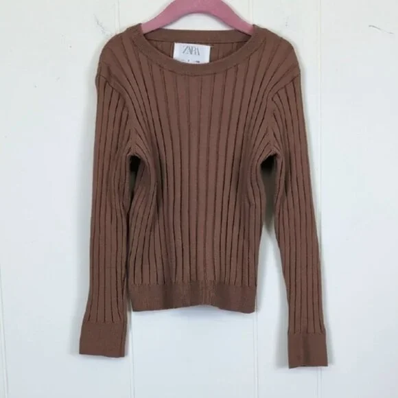 Zara Brown Long Sleeve Ribbed Tee