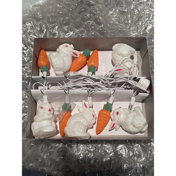 NEW Vintage Blow Mold Easter White Bunny & Carrot String Lights 10 set Box 1994
