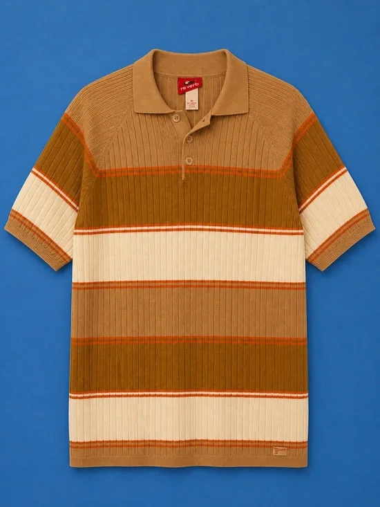 Vintage Y2K Reverb Ribbed Knit Polo Shirt Tan Brown Orange Striped XL