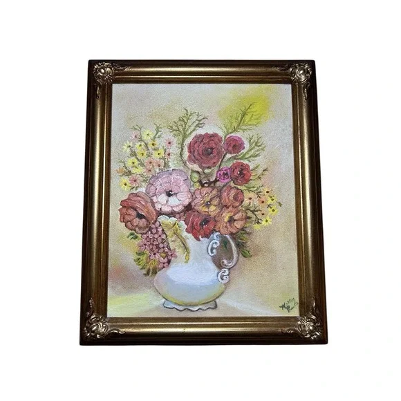 Vintage Oil Painting Floral‎ flowers White Vase Gold Wooden Frame 11.5x9.5
