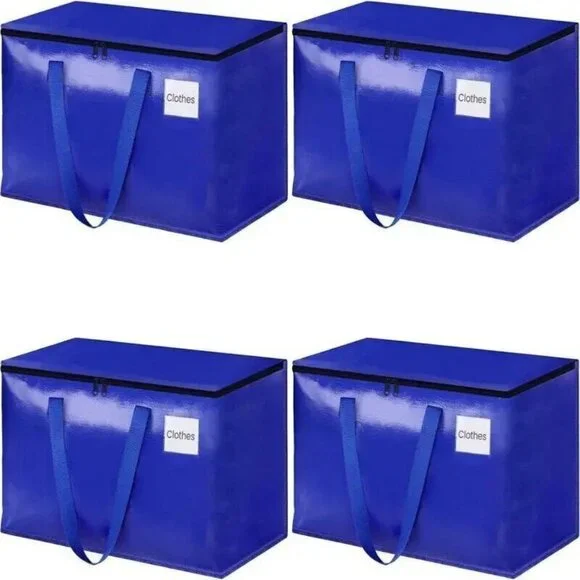 4 Large Moving Tote Bags W/ Zippers & Carrying Handles Heavy Duty Storage Blue