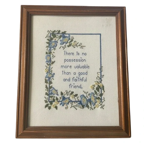 Vintage Framed‎ Beaded Cross Stitch Floral Friend Quote Cottagecore Decor