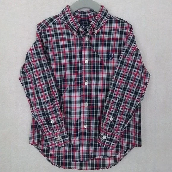 Chaps Boys Cotton Button Down Shirt Sz 4‎ Red Black Plaid Long Sleeves