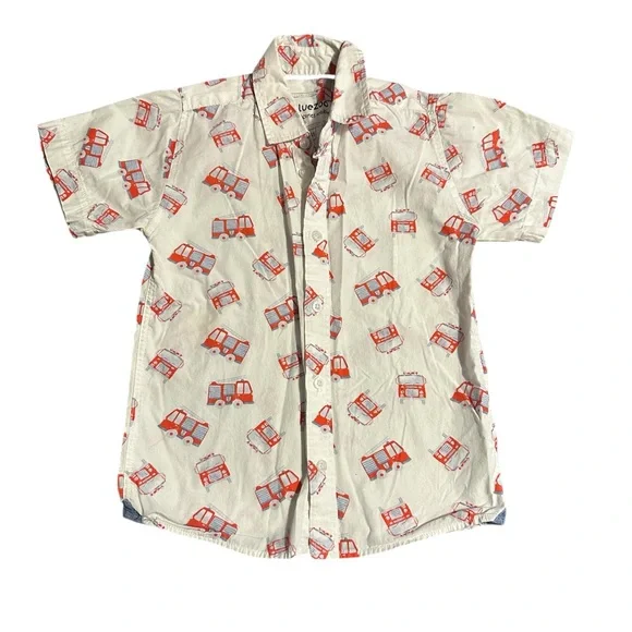 Kids Short-Sleeve Button-Up Shirt with Red Fire Truck Print