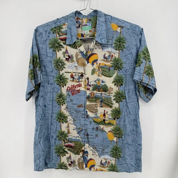 Reyn Spooner Button-Up Shirt Mens XXL Blue Scenic Rayon California Wine Napa