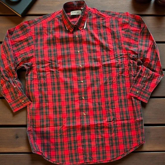 Thomas Bros by Haggar Men's XL Button-Down Shirt Red Green Plaid Long Sleeve NWT