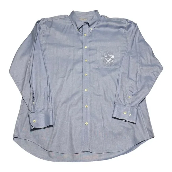 Barbour Embroidered Crest Pocket Blue Cotton Button Up Long Sleeve Men's Large‎