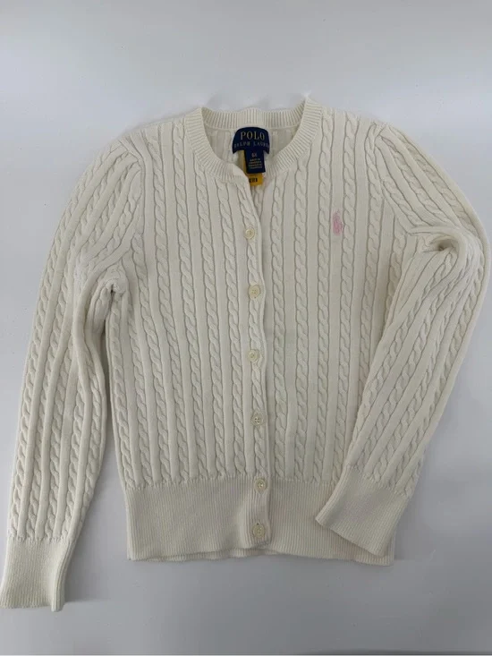 Polo Ralph Lauren Girls White Cable Knit Cardigan Sweater Size 6X Pink Pony