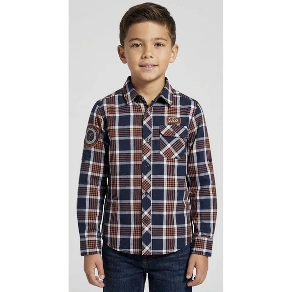 Guess Boys Navy Rust Plaid Flannel Shirt M 10-12 Streetwear Prep Logo Patch