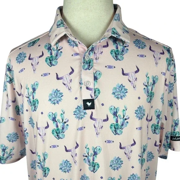 Bad Birdie Mens 2XL Golf Polo Pink Southwestern Cactus Steer Skull Print Shirt