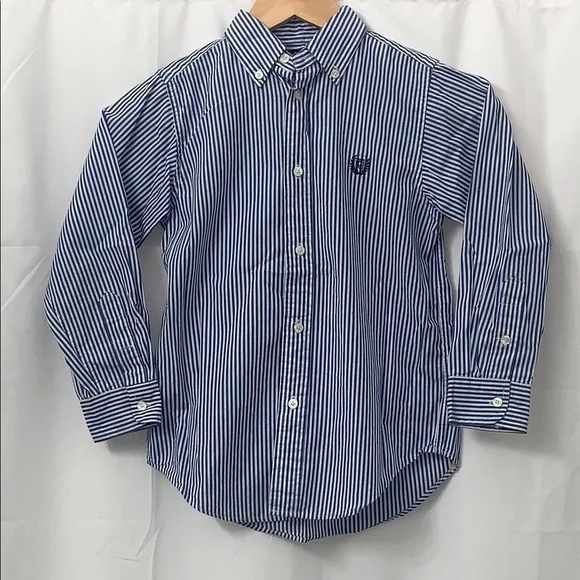 Boys Chaps Blue & White Striped Long Sleeve Button Down Shirt Size 7 EUC