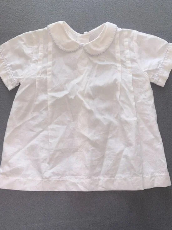 The Oaks Apparel Peter Pan Collared White Blue Seersucker Trim Preppy Dressy 4