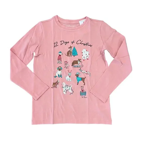 NWT J. Crew Girls' Pink W/12 Dogs of Christmas Graphic Tee -