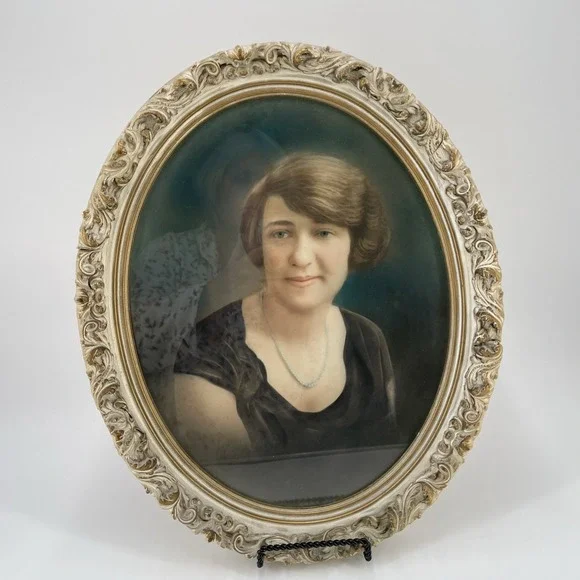 Antique Ornate Oval Gesso Frame Ivory Gilded Highlights Hand Tinted Photo 1920s