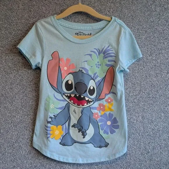 Disney Girls Size XS Blue Stitch Graphic Print Casual Short Sleeve Shirt
