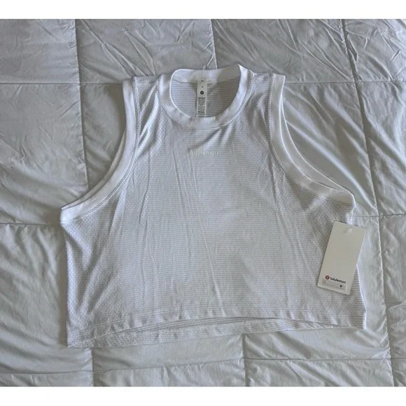 Lululemon SWIFTLY HIGH LOW CROPPED TANK TOP WHITE SIZE 12 Word Logo NWT