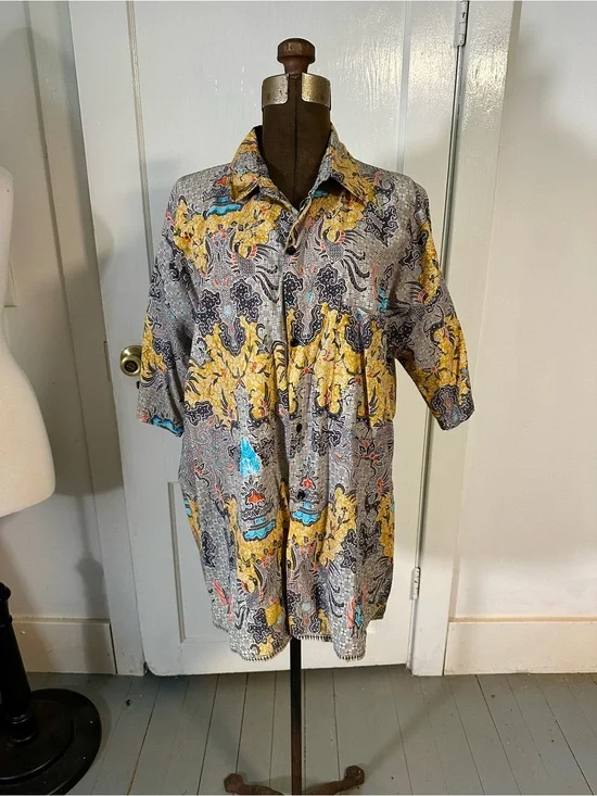 Vintage Multicolor Batik 40s 50s Short Sleeve Polo - Yellow, Gray, Blue Accents