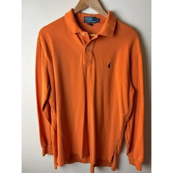 Mens L Polo Ralph Lauren Polo Shirt Orange Cotton Pony Logo Slit Hem Long Sleeve