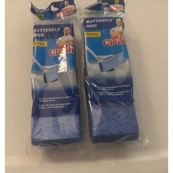Mr. Clean Butterfly Mop Refill Sponge with Snap On/Off Plastic Head 2 New