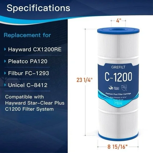 Grefilt C1200 Pool Filter Cartridge - High Flow 120 sq.ft Replacement for Haywa