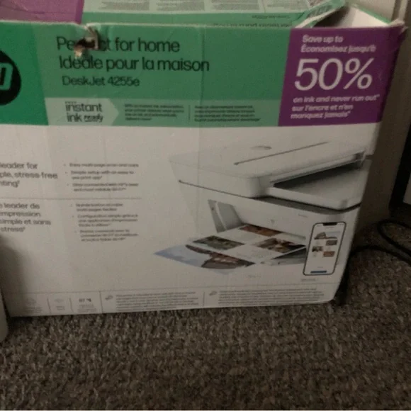 HP DeskJet 4255e Printer Packaging — White with Teal and Purple Accents