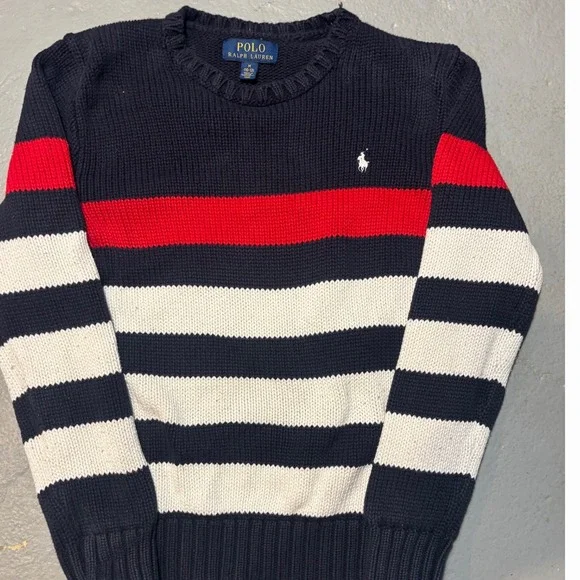Polo Ralph Lauren Boys‎ SM 6/8 Navy Blue Red White Striped Cotton Knit Sweater