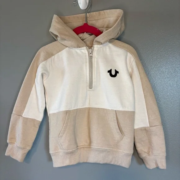 True Religion Kids 3T Quarter Zip Hoodie White Tan Color Block Toddler