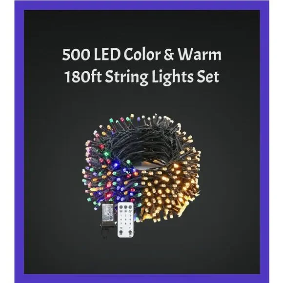 500 LED Lights 11 Modes Warm and Multi-Color 180ft Strand with Remote Timer
