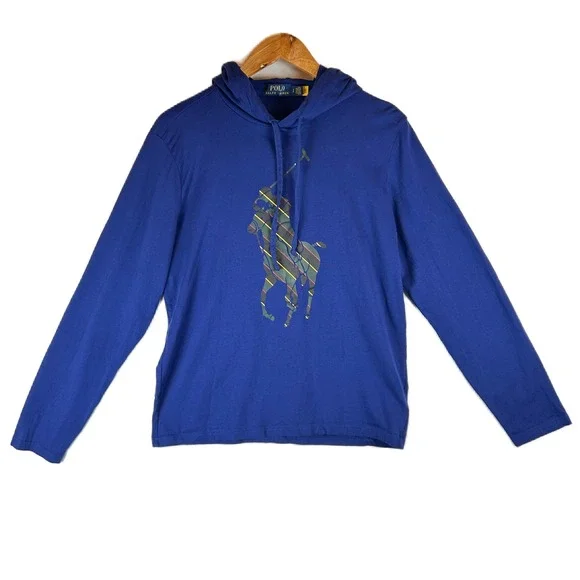 Polo Ralph Lauren Mens Blue Striped‎ Big Pony Graphic Hooded Long Sleeve Tee S