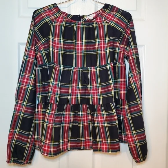 Crewcuts Girls Multicolor Plaid Long Sleeve Round Neck Casual Blouse Top Size 14