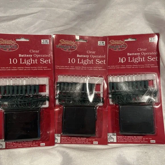 Vintage New 3ct- Santa's Workbench Battery Operated 10 Light Set‎ Clear Color