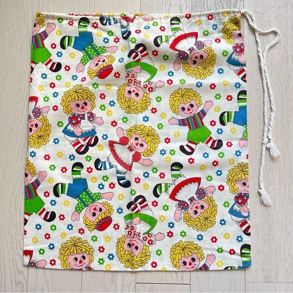 Vintage 1970s Raggedy Ann Andy Cotton Drawstring Laundry Carry All Storage Bag