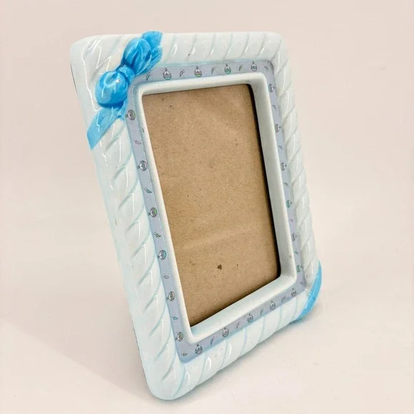 Vtg Burnes of Boston Blue‎ Ceramic Picture Frame 3x5 Quilted Ribbon Bow Kitsch