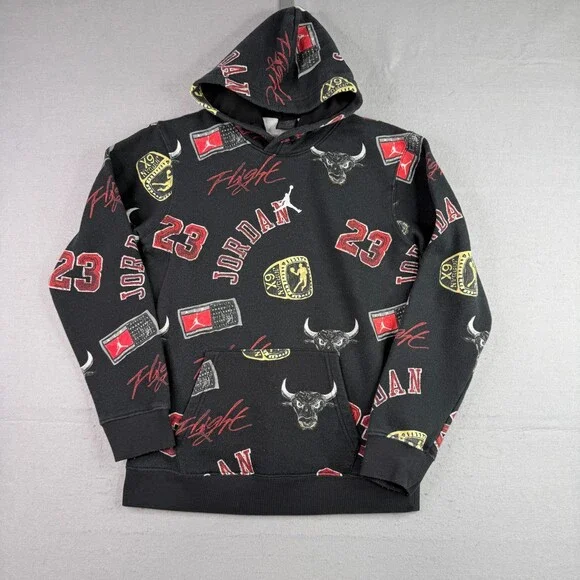 Air Jordan All Over Print Hoodie Youth XL Black Flight 23 Bulls Jumpman