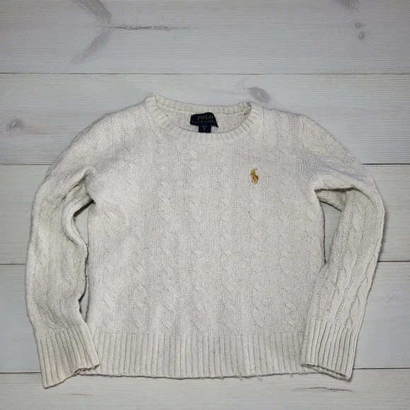 Polo by Ralph Lauren Girl's Sweater Wool Blend Cream Cable Knit Metallic Silver
