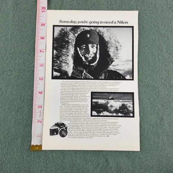 1974 Nikon F Nikon Camera Vintage print Ad - Antarctica - Philippine Air on Back