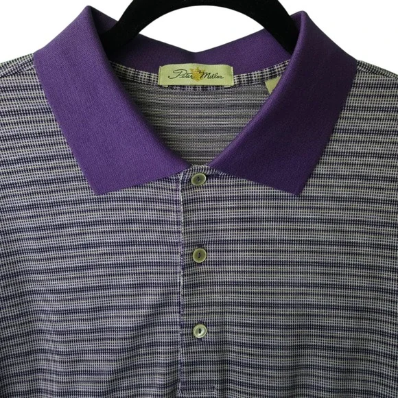 Peter Millar Mens Large Purple Stripe Double Mercerized Cotton‎ Polo Shirt Golf