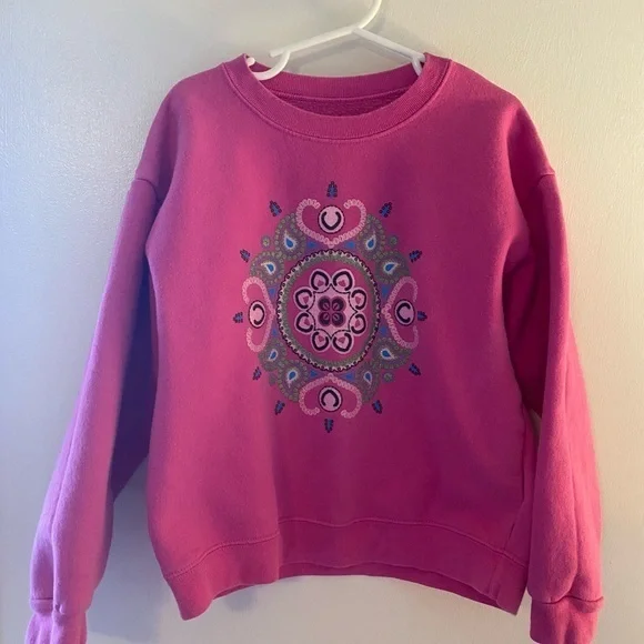 Hanes Girls Pink Sweatshirt with colorful sparkly Mandala Design. Size 7 girls.