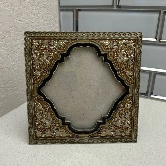 Ornate Black Tan Gold Tone Enamel Floral Rhinestones Frame Heavy