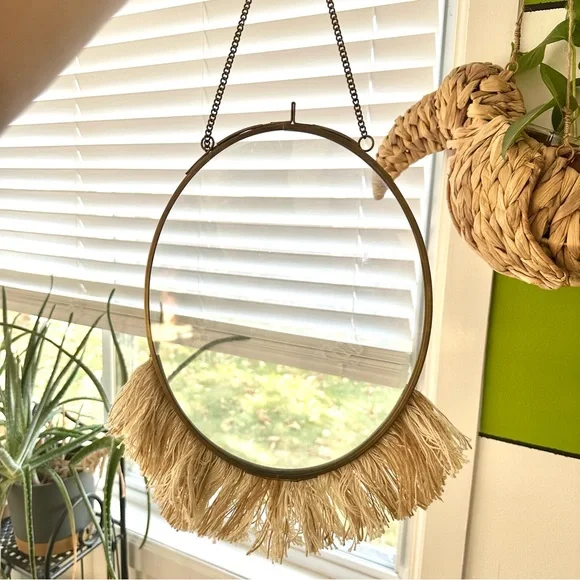Vintage Style Brass Look Frame Oval Fringe Bottom Clear Glass Photo Picture Boho