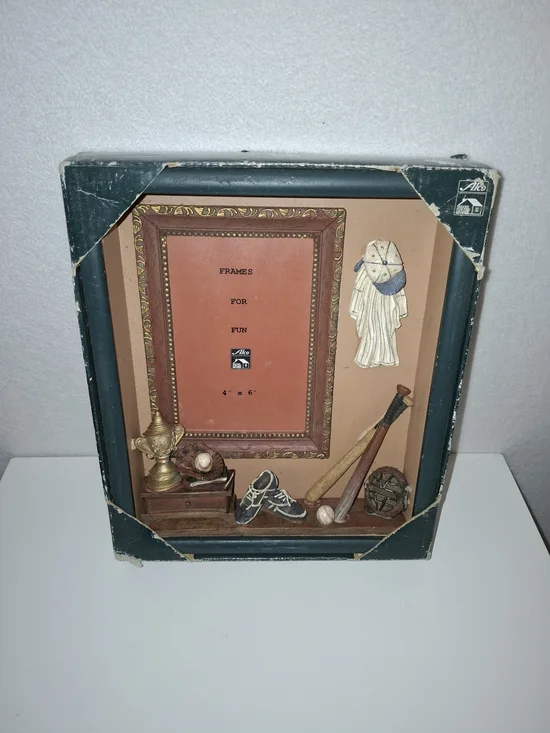 Vintage Baseball Shadow Box Wooden Picture Frame - Green & Tan